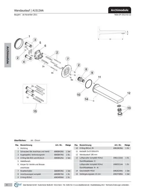 Explosionszeichnung eines Ideal Standard Wandauslaufs mit Bauteilen und Beschreibungen. Enthält Einzelteile wie Dichtungen, Schrauben und Halterungen für die Montage.